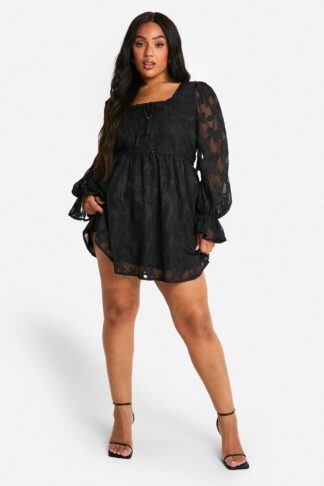 Womens Plus Milkmaid Woven Burnout Floral Skater Dress - Black - 16