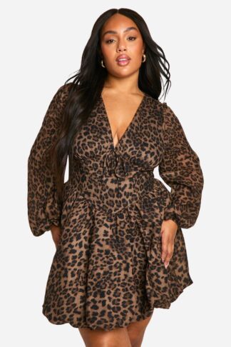 Womens Plus Milkmaid Woven Leopard Bubble Hem Skater Dress