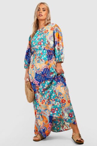 Womens Plus Mixed Print Open Back Maxi Dress - Orange - 16, Orange