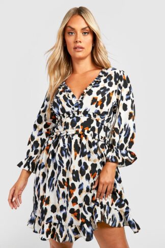 Womens Plus Multi Leopard Print Satin Ruffle Skater Dress - Black - 20, Black