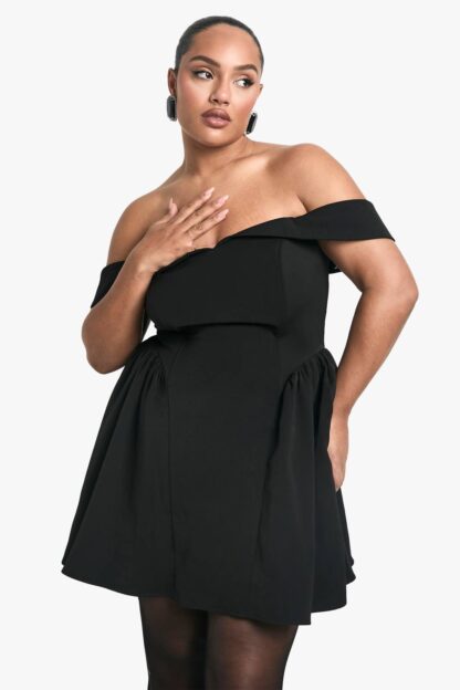 Womens Plus Off The Shoulder Pleated Skater Dress