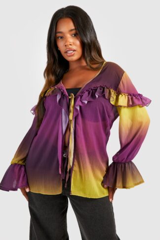 Womens Plus Ombre Ruffle Tie Front Blouse - Purple - 16, Purple