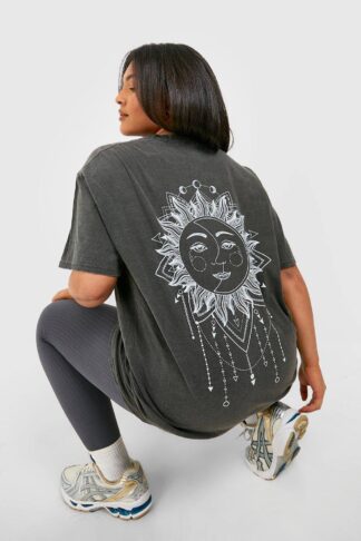 Womens Plus Oversized Overdye Celestial Back Print T-shirt