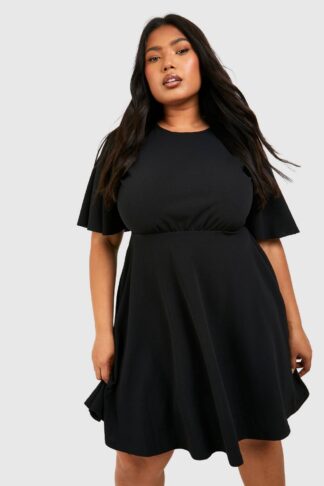 Womens Plus Pleated Angel Sleeve Skater Dress