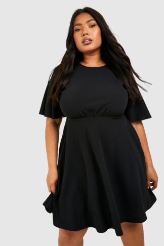 Womens Plus Pleated Angel Sleeve Skater Dress - Black - 16, Black
