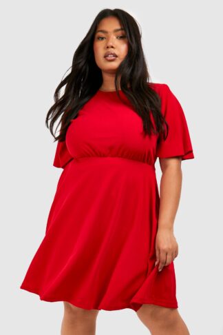 Womens Plus Pleated Angel Sleeve Skater Dress - Red - 16, Red