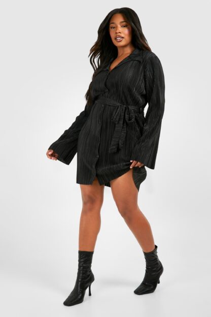 Womens Plus Plisse Flared Sleeve Tie Shirt Dress - Black - 16, Black