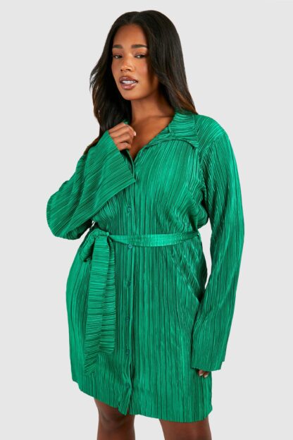 Womens Plus Plisse Flared Sleeve Tie Shirt Dress - Green - 16, Green