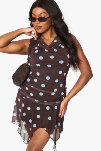 Womens Plus Polka Dot Hanky Hem Mini Dress - Brown - 16