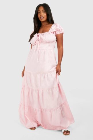 Womens Plus Poplin Milkmaid Puff Sleeve Maxi Dress