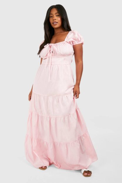Womens Plus Poplin Milkmaid Puff Sleeve Maxi Dress