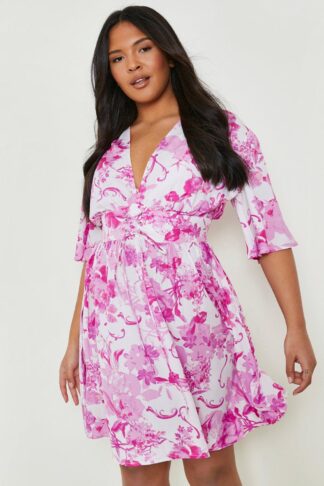 Womens Plus Porcelain Print Lace Up Skater Dress - Pink - 26, Pink