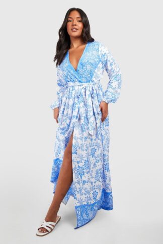 Womens Plus Porcelain Wrap Tie Belt Maxi Dress - Blue - 16, Blue