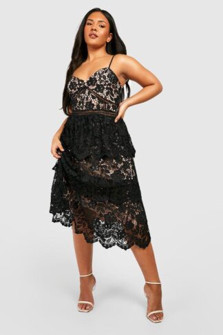 Womens Plus Premium Lace Peplum Skater Dress - Black - 26, Black