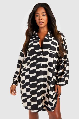 Womens Plus Printed Oversized Shirt Dress - Black - 16, Black
