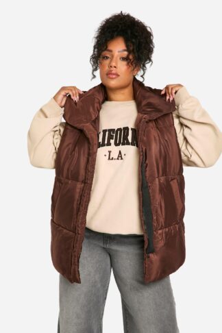 Womens Plus Puffer Sleeveless Longline Gilet - Brown - 22, Brown