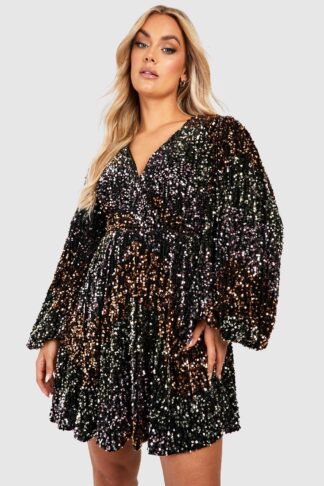 Womens Plus Rainbow Sequin Blouson Skater Dress - Black - 24, Black