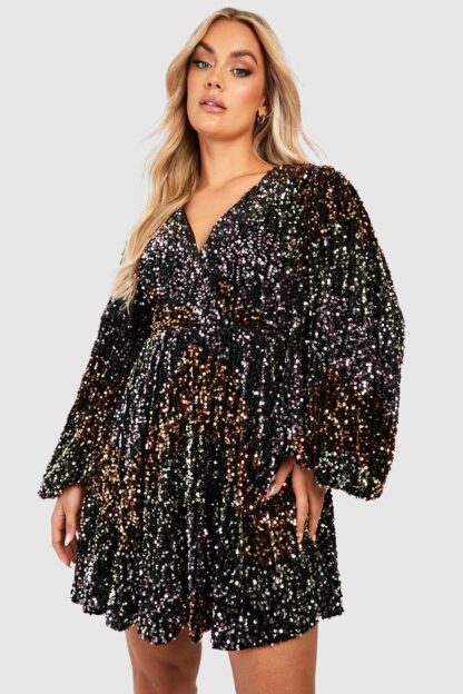 Womens Plus Rainbow Sequin Blouson Skater Dress - Black - 24, Black