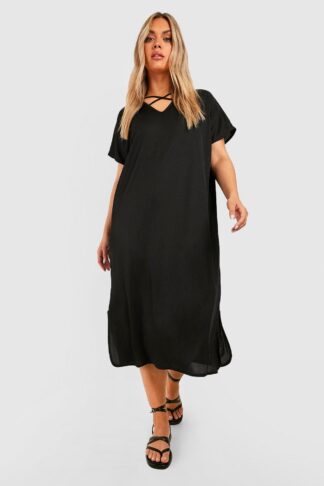 Womens Plus Rib Cross Detail T-Shirt Dress - Black - 24, Black