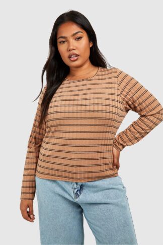 Womens Plus Rib Knitted Crew Neck Top - Beige - 18, Beige