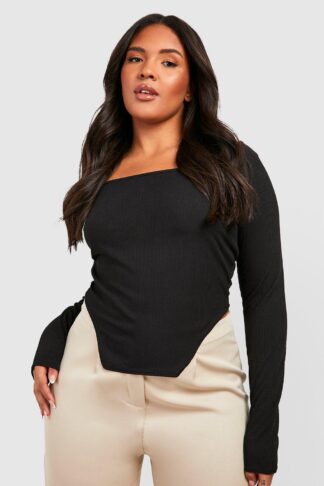 Womens Plus Rib Long Sleeve Corset Top - Black - 28, Black