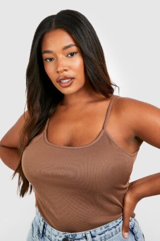 Womens Plus Rib Strappy Vest Top - Brown - 18, Brown