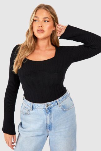 Womens Plus Ribbed Knit Underbust Seam Top - Black - Xxl, Black