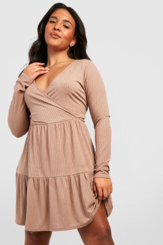 Womens Plus Ribbed Tiered Wrap Dress - Brown - 28, Brown