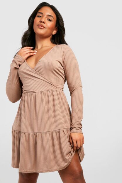 Womens Plus Ribbed Tiered Wrap Dress - Brown - 28, Brown