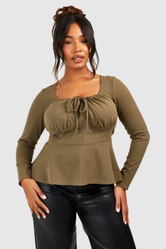 Womens Plus Ruched Corset Detail Long Sleeve Peplum Hem - Green - 16, Green