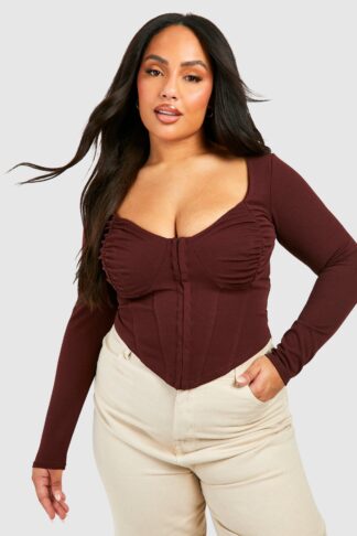 Womens Plus Ruched Detail Hook And Eye Corset Top - Brown - 24, Brown