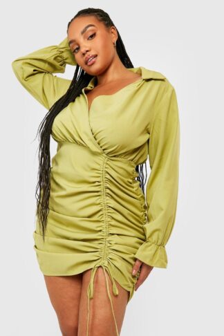 Womens Plus Ruched Detail Long Sleeve Shirt Dress - Green - 22, Green