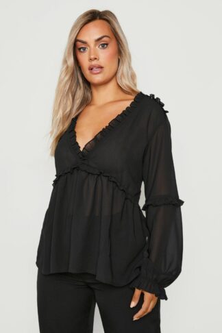 Womens Plus Ruffle Detail Plunge Blouse - Black - 18, Black