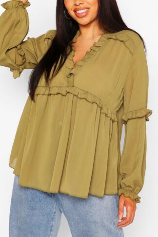 Womens Plus Ruffle Detail Plunge Blouse - Green - 22, Green