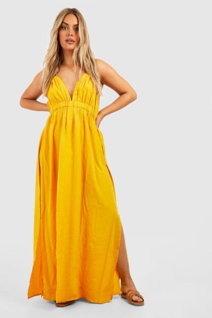 Womens Plus Ruffle Detail Plunge Maxi Dress - Yellow - 18, Yellow