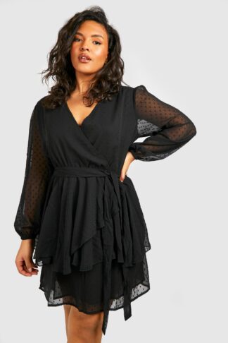 Womens Plus Ruffle Hem Dobby Mesh Skater Dress - Black - 16, Black