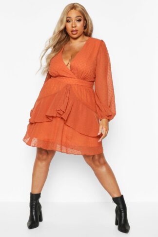 Womens Plus Ruffle Hem Dobby Mesh Skater Dress - Orange - 16, Orange