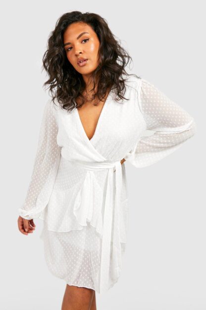 Womens Plus Ruffle Hem Dobby Mesh Skater Dress - White - 16, White