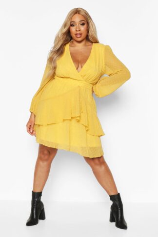 Womens Plus Ruffle Hem Dobby Mesh Skater Dress - Yellow - 16, Yellow