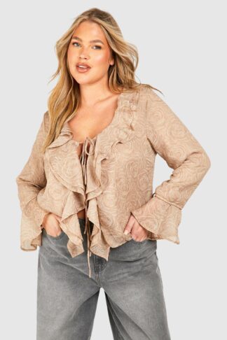 Womens Plus Ruffle Rose Textured Blouse - Cream - 18, Cream