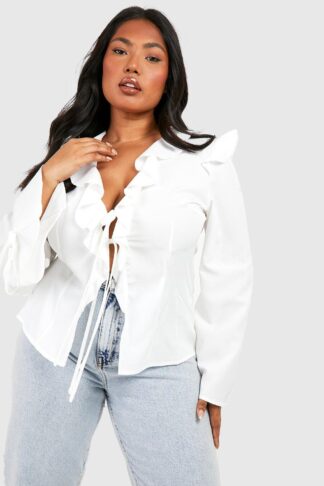 Womens Plus Ruffle Tie Front Blouse - White - 20, White