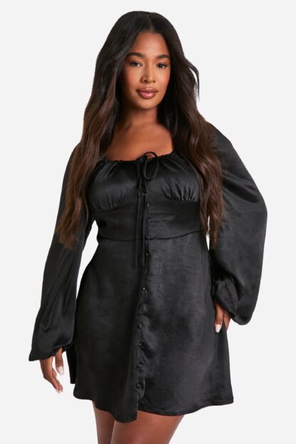 Womens Plus Satin Balloon Sleeve Milkmaid Mini Skater Dress - Black - 18, Black