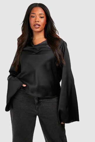 Womens Plus Satin Cowl Neck Flare Sleeve Blouse - Black - 22, Black