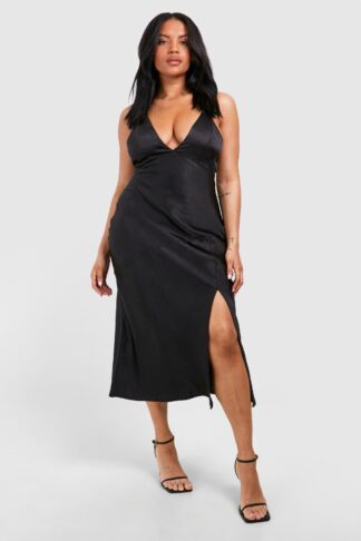 Womens Plus Satin Cross Back Midi Slip Dress - Black - 16, Black