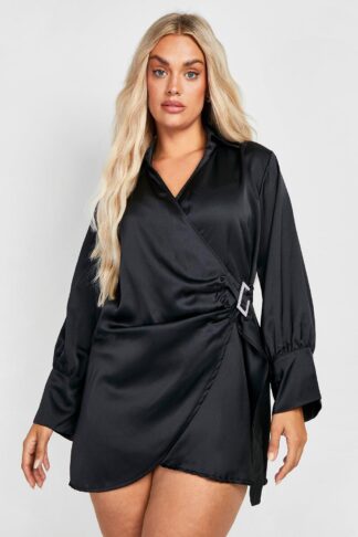 Womens Plus Satin Diamante Wrap Shirt Dress - Black - 16, Black