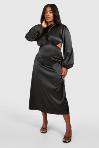 Womens Plus Satin Puff Sleeve Tie Back Midaxi Dress - Black - 16, Black