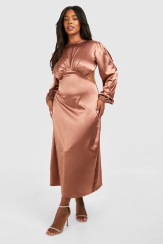 Womens Plus Satin Puff Sleeve Tie Back Midaxi Dress - Brown - 16, Brown
