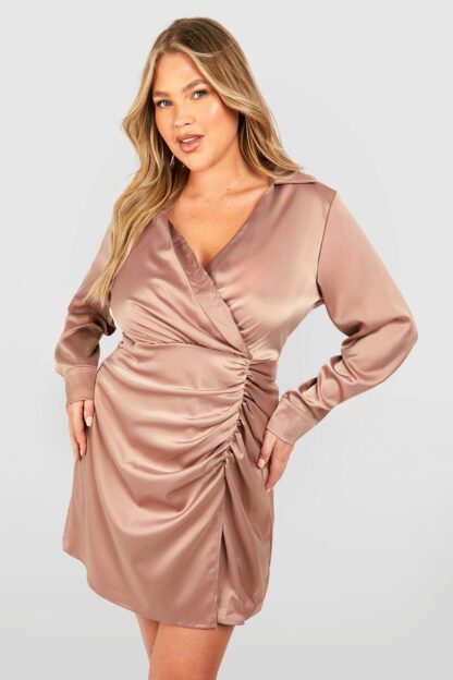 Womens Plus Satin Shirt Wrap Dress - Beige - 26, Beige