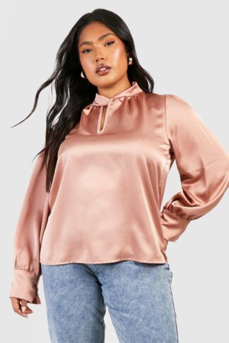 Womens Plus Satin Twist Neck Blouse - Beige - 22, Beige