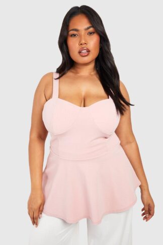 Womens Plus Scuba Strappy Corset Detail Peplum Top - Pink - 28, Pink